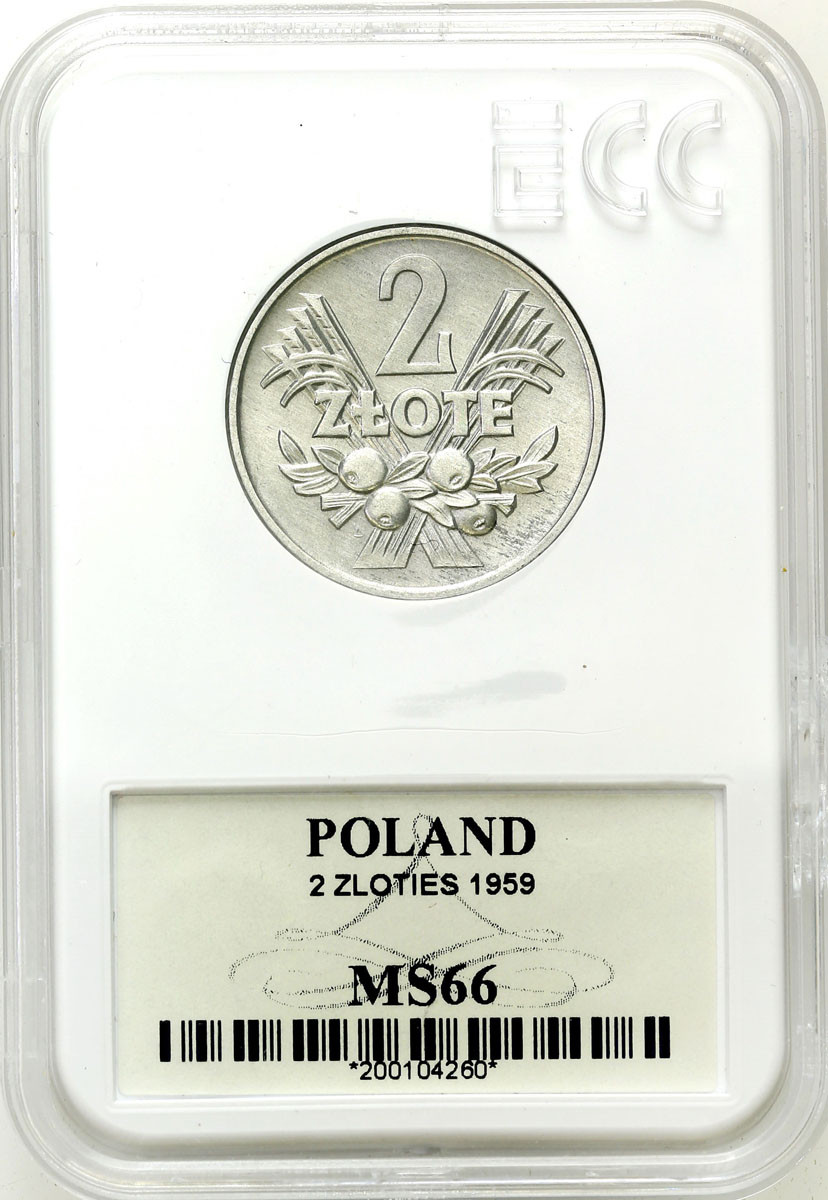 PRL. 2 złote 1959 jagody aluminium GCN MS66 - RZADKIE
